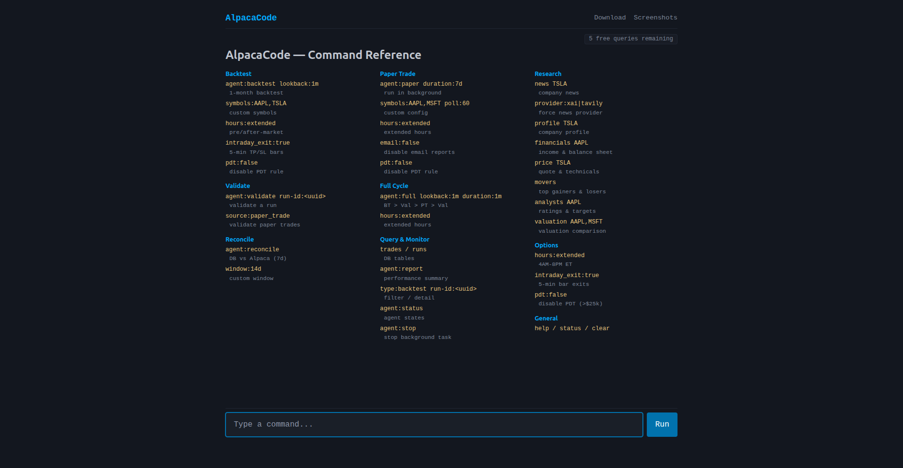Command reference — default landing view